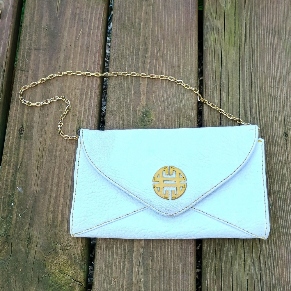 Antonio Melani White Leather Clutch Crossbody Bag Purse W/ Optional Gold Chain